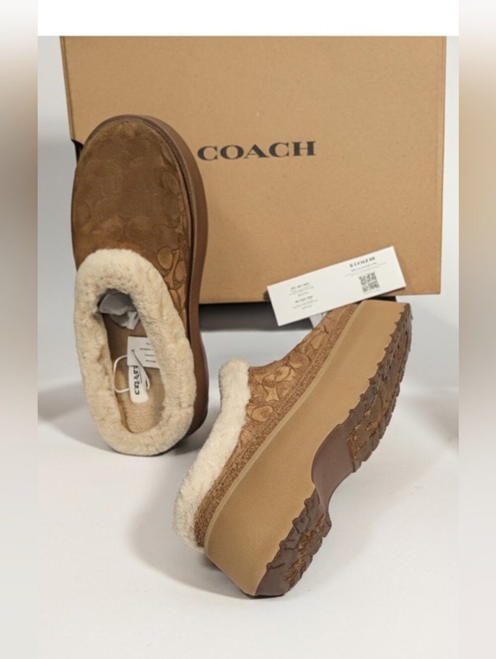 Coach Tan Suede Mule Clogs with Cream Shearling Trim